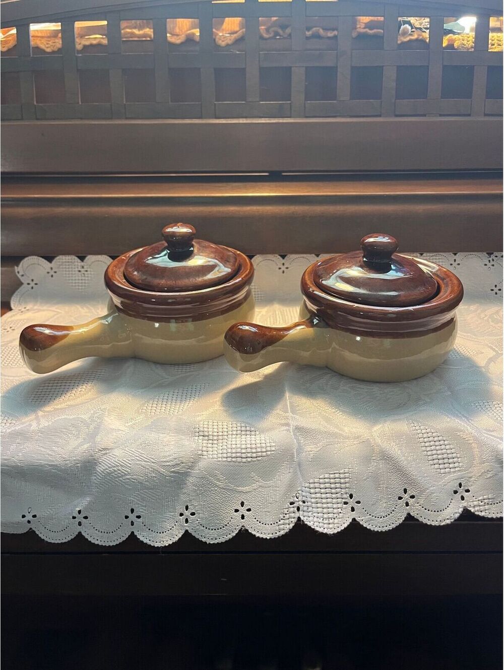 B1. Vintage Stoneware French Onion Soup Bowls With Lids Handles Set Of Two #2